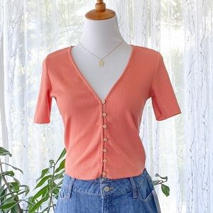 ZARA - Coral Ribbed Buttoned Top